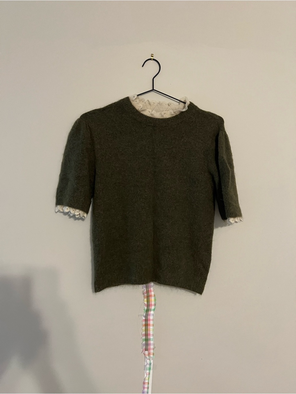 Zara Olive Green Wool-Alpaca Pointelle Sweater with Cream Lace - Picture 3 of 4
